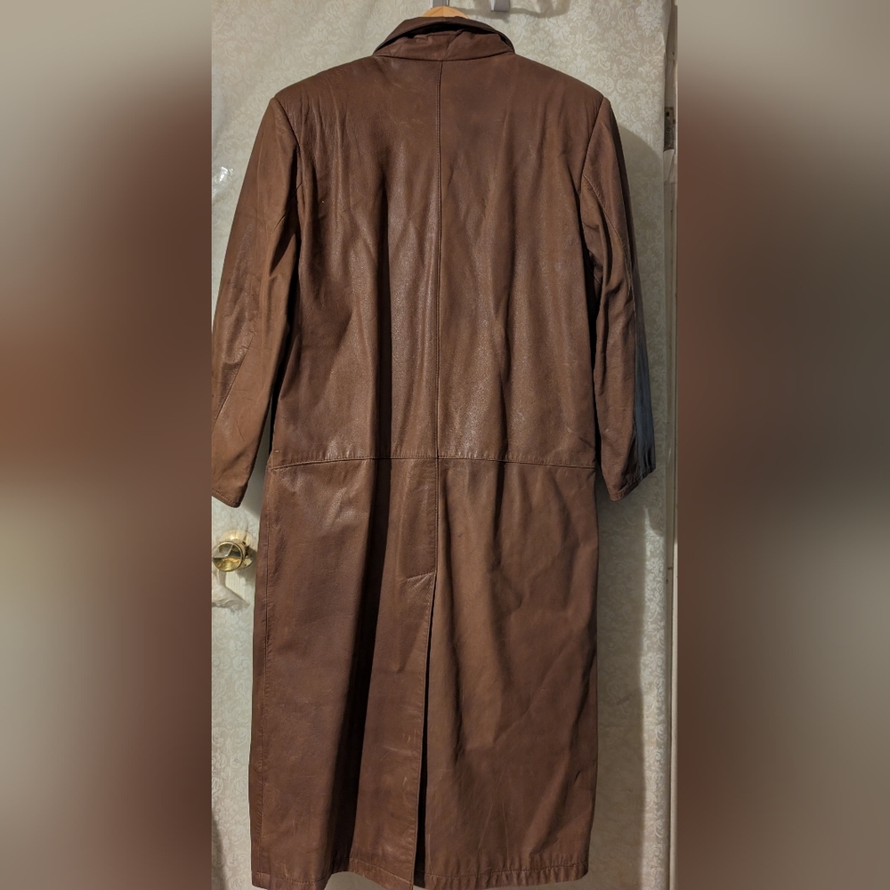 G111 Vintage Brown Leather Trench Coat 80s - Picture 9 of 16